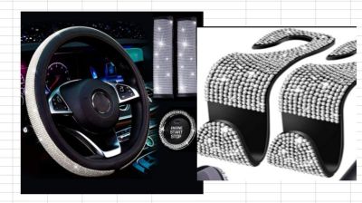 [COD] Car cross-border white rhinestone accessories 6-piece set shoulder guard steering wheel storage bag hook ignition ring crystal