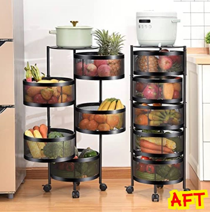 Round Rotating Multi-Layer Kitchen Storage Shelf, 4 Tier Fruit Vegetable  Storage Basket, Kitchen Storage Rack Floor Standing, Movable Household  Storage Rack for Kitchen Living Room Toilet Black 