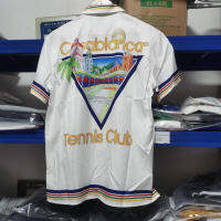 สีสัน Stripe Tennis Court พิมพ์บางผ้าไหม Casablanca สั้นเสื้อผู้ชายผู้หญิงฮาวาย Beach Holiday Surf เสื้อ Top