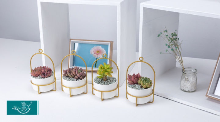 creative-carousel-hanging-pot-flower-stand-round-ceramic-succulent-flower-pot-combination-iron-frame-set