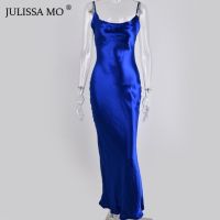 ZZOOI JULISSA MO Sexy Spaghetti Strap Backless Summer Dress Women Satin Lace Up Trumpet Long Dress Elegant Bodycon Party Dresses 2019