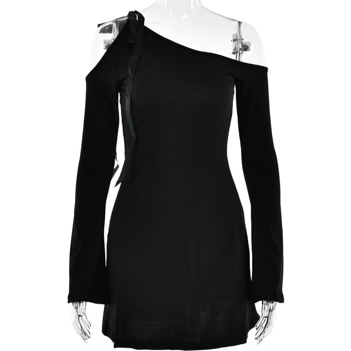 ชุดชุดมินิเดรสแขนยาวผูกเชือกแบบสมมาตรสำหรับผู้หญิงชุดเดรสสีดำสำหรับปาร์ตี้คลับฤดูใบไม้ร่วง