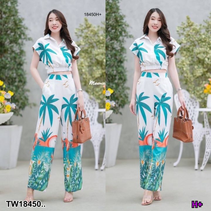 tw18450-set-2-ชิ้น-เสื้อครอปปกเชิ้ต-ลายต้นมะพร้าว-กางเกงขาายาวลายต้นมะพร้าว