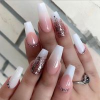 24Pcs Gradient French Fake Nails With Glue Glitter Rhinestone Design Acrylic Ballet Press On Nails Full Cover False Nail Tips