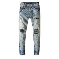 AMIRI Biker กางเกงยีนส์ผู้ชาย Slim Fit Straight Knee Ripped Stretch Men S Trousers