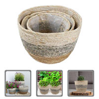 Ajigo【Hot Sale】 3pcs Straw Plant Pot ตะกร้าดอกไม้ทอที่ละเอียดอ่อนตะกร้าดอกไม้งานแต่งงานตกแต่งบ้าน