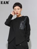 [EAM] Women Black Buckle Stitch Big Size Asymmetrical T-shirt New Round Neck Long Sleeve Fashion Tide Spring Autumn 20231D679