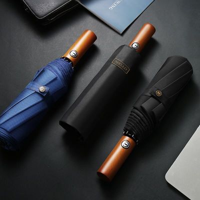 Top Grade Brand Double Layer Umbrella Automatic Men Business Wooden Handle Folding Umbrella 8K Windproof Rain Big Golf Black Umbrella Travel Outdoor