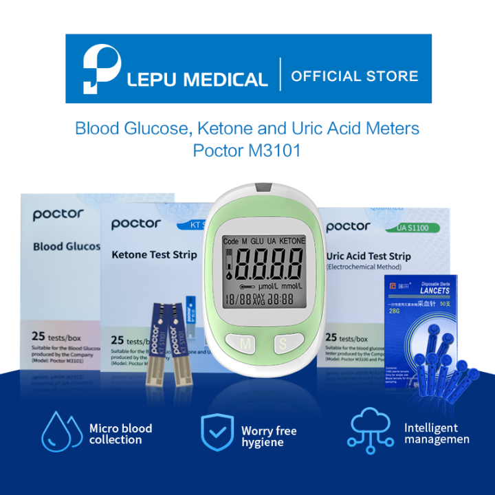 Lepu 3 in 1 Ketones & Uric Acid, Blood Glucose Test Machine + 25pcs Ketone Test Strips + 25pcs