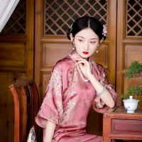 2023ใหม่สไตล์จีนแบบดั้งเดิมแขนใหญ่ Hanfu ดอกไม้ Vintage Cheongsam ชุดผู้หญิงแยกสีชมพู Qipao Dress