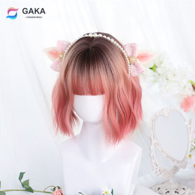 GAKA Pink Ombre Cosplay Synthetic Bob Wigs with Bangs for Women Dark Root Gradient Natural Lolita Hair Short Wavy Wigs