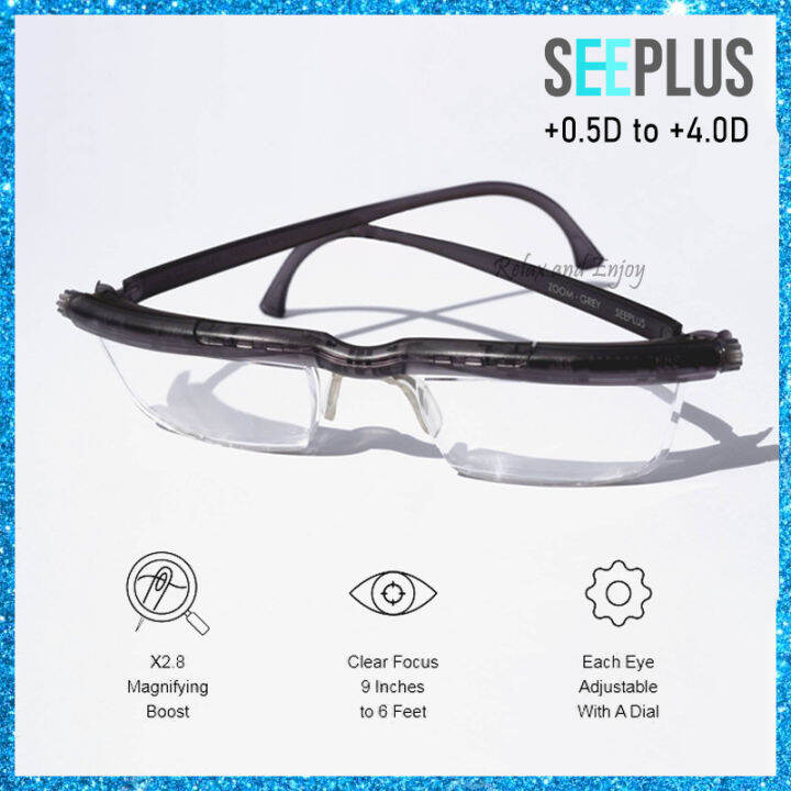 Seeplus Adjustable Eyeglasses Zoom glasses (Dark Grey) x2.8 Magnifying