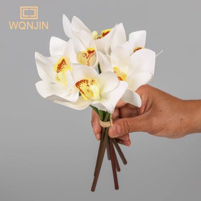 &gt; 6 Heads Orchid Magnolia Cymbium Artificial Silk Flowers Small bouquet Flowers Home Party Spring Wedding Decoration Fake Flower