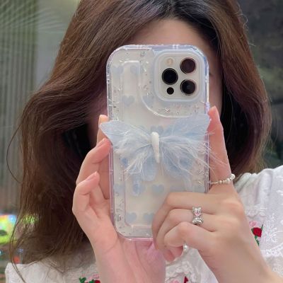 Blue Feather Butterfly Phone Case Suitable for iPhone 14 Promax Sweet Love Phone Case Suitable for iPhone 13 Transparent Silicone Anti drop Phone Case Suitable for iPhone 12 Promax Stereo Butterfly Holder Phone Case Suitable for iPhone 11