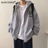 MAYCHEER   เสื้อสเวตเตอร์มีฮู้ดทรงหลวมสำหรับผู้ชาย,เสื้อแจ็คเก็ตมีฮู้ดสำหรับคู่รักพิมพ์ลายบางแบบเรียบง่าย