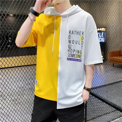 New Mens T-Shirt Top Breathable Stitching Mens Cotton Short-Sleeved Loose Round Neck Hong Kong Style Mens Clothing