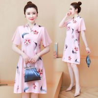 【CW】2021 Summer M-4XL Plus Size Pink Vintage Chinese Traditional Qipao Casual Party Women Midi Dress Cheongsam Dree Access