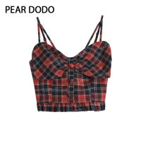 เสื้อกั๊ก PEAR DODO สำหรับผู้หญิงเสื้อกั๊กสายเอี๊ยมลายสก็อตติดโบว์แนววินเทจสไตล์เกาหลีเสื้อเอวลอย