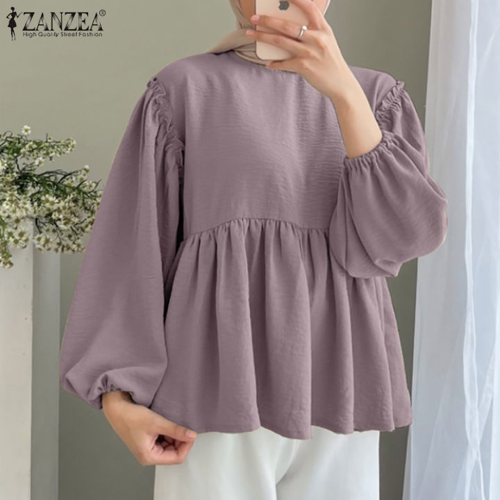 สินค้ามาใหม่-จัดส่งฟรี-fancystyle-zanzea-เสื้อมุสลิมแขนโคมไฟวันหยุดแบบสวมหัว-เสื้อเสื้อเป็นชั้นๆสีพื้น