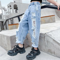 New Style Fashion Ripped Jeans For Girls Denim Trousers 4-14 Years Old Children Korean Teenage Loose Pencil Pants Summer Clothes