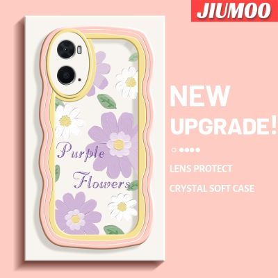 เคส JIUMOO สำหรับ OPPO A76เคส A36 A96,เคสซิลิโคนนิ่มลายดอกไม้สีม่วงสีครีมคลื่นเคสโทรศัพท์โปร่งใส