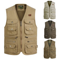 Mens casual vest cotton thick multi-pocket vest Waistcoats