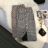 ผู้หญิงเอวสูง A-Line Houndstooth กระโปรงพร็อพสไตล์สาวสำนักงานด้านล่างหญิงตรงสะโพกห่อกลางลูกวัวตาหมากรุกกระโปรง