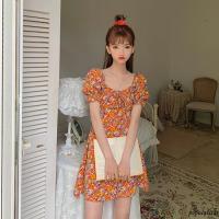 Popu-loral Mini Dress, Summer Bohemian Short Puff Sleeve A-Line Flowy Smocked Dress