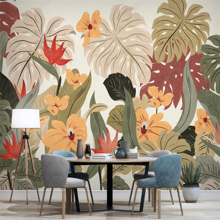 Vintage Tropical Plant Plantain Leaves Mural Wallpapers for Living Room