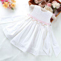 Summer smocked baby girls dresses pink white hand made boutiques kids clothing