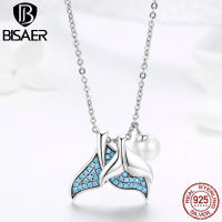 BISAER Hot Sale 925 Sterling Silver Mermaids Tears Tail Pendant Necklaces for Women Blue Crystal Sterling Silver Jewelry ECN309