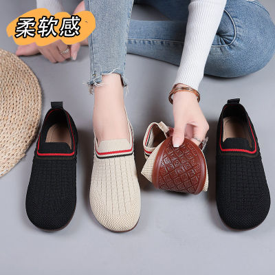 Knitted casual flat sole single shoes for women in the autumn of 2023, new shallow cut one legged round toe knitted bean shoes
