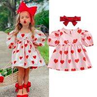 【Ladies shop】 FOCUSNORM 0 5YBabySummerwith Bow HeadbandPrinted Short Puff Sleeve A LineValentines Day