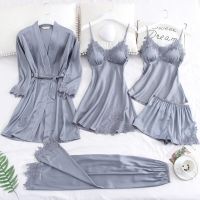 4PCS Nightie Gown Set Black Women Nightshirts V-Neck Pajamas Print Sleepwear Sleep Bathrobe Wear Home Suit Negligee Spring Robe