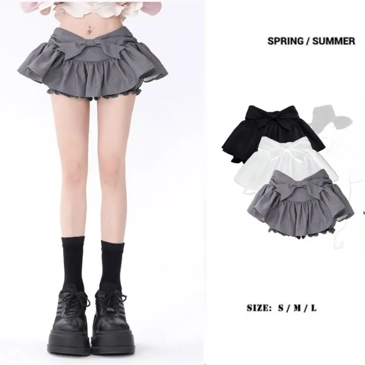 cc-bow-fluffy-skirt-low-waisted-ruffled-preppy-korean-fashion-drop-shipping