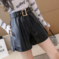 REALEFT 2021 New Winter PU Leather Womens Shorts With Belt Stylish OL High Waist Pockets Casual Wide Legged Trousers Female