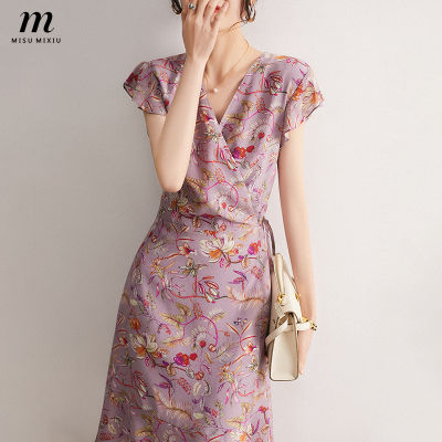 MISUMIXIU Fashionable Temperament Purple French Dress Womens Printed Wrap Tie Chiffon Short-sleeved Dresses