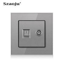 EU Luxury Silver-Plated Coaxial Socket สีเทาคริสตัลกระจกนิรภัยแผงเสาอากาศเครือข่ายศัพท์ติดผนังแผง Socke