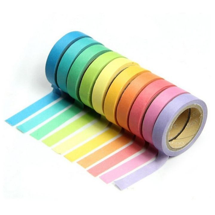 10ชิ้นสีทึบสีรุ้ง-washi-ตกแต่งด้วยหน้ากากเทปกระดาษเทปกระดาษสติกเกอร์ตกแต่งเทปกระดาษเทปสมุดภาพ-diy-และเครื่องจ่าย
