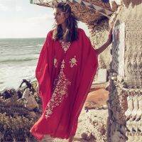 Summer Beachwear Red Embroidered Rayon Boho Long Dress Loose Bikini Cover Up Beach Bath Outlet Women Kimono Kaftan