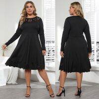 [COD] Womens dress cross-border European and plus-size womens hollowed-out burnt flowers long-sleeved waist 190733