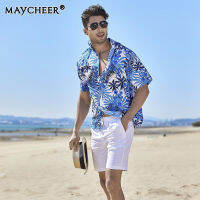 MAYCHEER  เสื้อเชิ้ตลำลองสำหรับผู้ชายริมทะเลรีสอร์ทแขนสั้นของผู้ชายแขนสั้นพิมพ์ลายพรีเมี่ยม