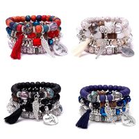 4Pcs/Set Fashion Crystal Stone Beads Chain Bracelet Set For Women I Love You Feather Tassel Charm Elastic Bangle Female Jewelry