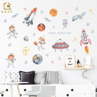 Watercolor Cartoon Outer Space UFO Rocket Planet Astronaut Wall Stickers Baby Nursery Room Wall Decal Home Decorative Stickers