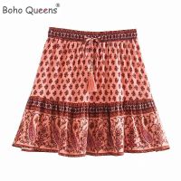 Boho Queens Happie ผู้หญิงกระโปรงโบฮีเมียนผ้าพิมพ์ลายดอกไม้สำหรับชายหาดเอวสูงยางยืดเรยอน A-Line กระโปรงมินิสเกิร์ต Femme