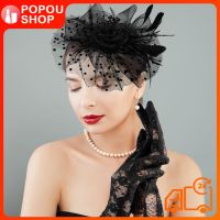 POPOUSHOP Lurrose 1 Set Fascinators แถบคาดศีรษะ Girls Tea Party Accessories ลูกไม้ตาข่ายถุงมือต่างหูสร้อยคอไข่มุก (ดอกไม้แถบคาดศีรษะสีดำ)