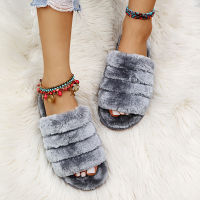 2021 Winter New Home Stripe Fur Women Slippers Gray Pink Leopard Ladies Fluffy Slippers Open-Toe Bedroom Girls Warm Plush Shoes