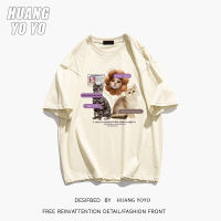 HUANGYOYO เสื้อยืดแขนสั้นผ้าคอตตอน100% พิมพ์ลายตัวอักษรแมวน่ารักสำหรับผู้หญิง