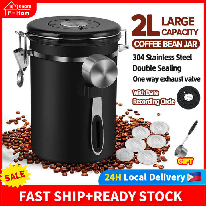 2L Coffee Bean Jar Airtight Coffee Canister Stainless Steel With Scoop