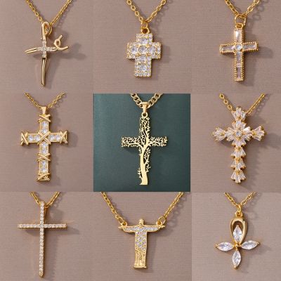 【CW】Zircon Cross Pendant Necklace for Women Gold Plated Stainless Steel Necklaces 2023 Trend Couple Aesthetic Jewerly free shipping